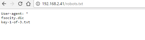 Machine generated alternative text: C 0 0 192.168.2.41/robots.txt User-agent: fsocity . dic key-I-of -3. txt 