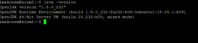 Machine generated alternative text:
Imakonem@siem2 : —$ java —version 
Jpenjdk version "1.8. 0 232" 
OpenJDK Runtime Environment (build I . 8 . 0 
-18 . . I-bog) 
OpenJDK 64—BiC Server (build 2S .232—bog, mixed mcde) 
Imakonem@siem2 : 